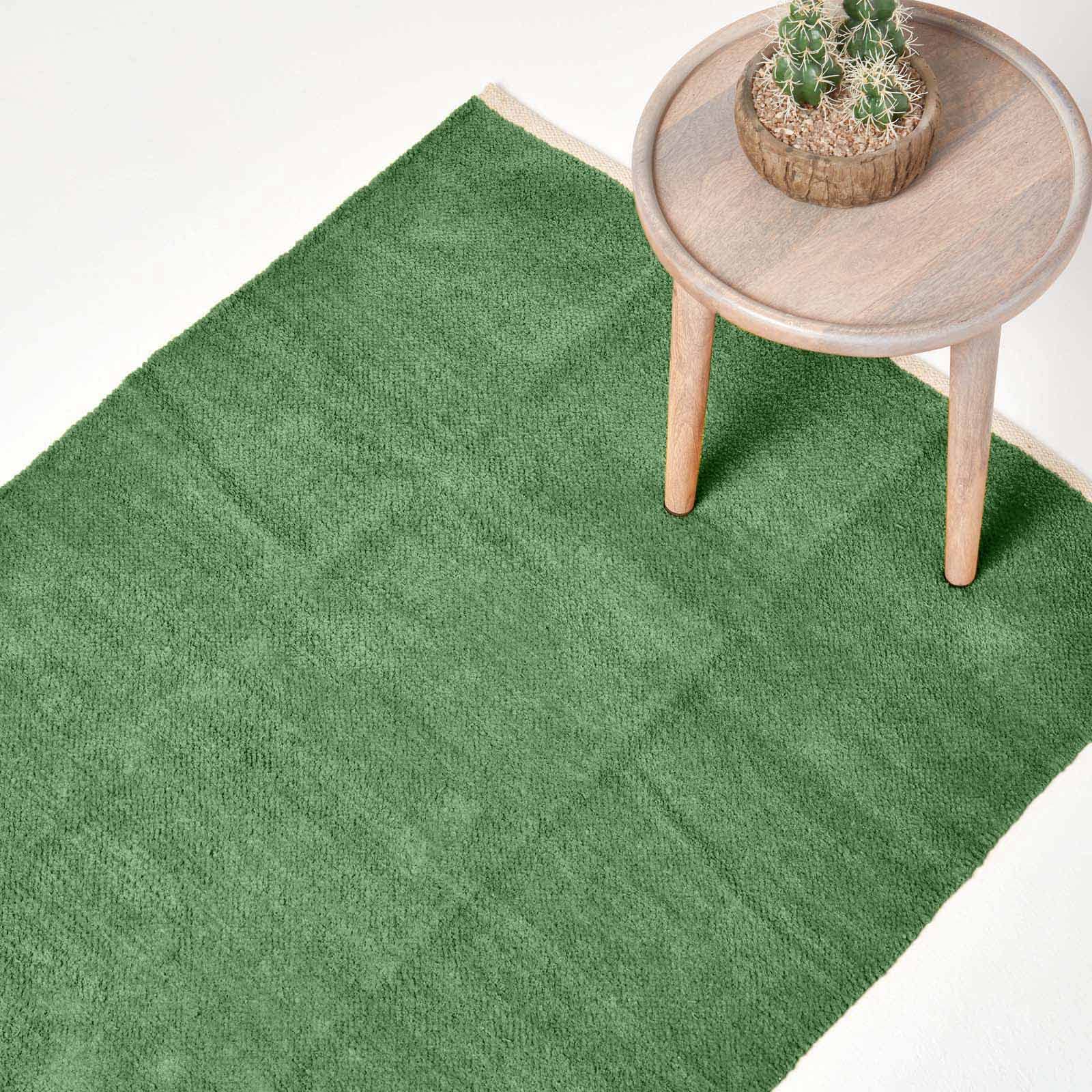 HOMESCAPES Dark Olive Green Rug 100% Cotton Plain Modern Reversible Chenille Floor Mat with Natural Colour Trim Anti Shedding Soft Touch Washable, Medium, 60 x 100 cm (24" x 39") โ image 1