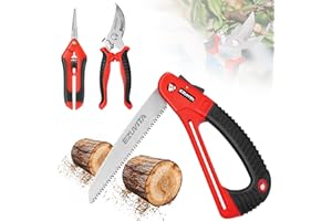 EZUVITA 3PC Gardening Folding Saw with Pruner and Shears Set, 7 inch Hand Saw, Stainless Steel Garden Scissors 2 Pack, Professional Gardening Tools for Wood Cutting, Landscaping, Trimming, Picking