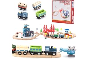 BetDEF Wooden Train Set 65PCS, Toy Train Sets with All-Wood Double Sided Train Tracks for Boys & Girls Fits Thomas, Brio, Melissa and Doug...(65PC)