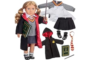 DRESS ALONG DOLLY Deluxe 11pc Hermione Granger Inspired 18" Doll Outfit-Compatible with American Girl Outfit & Accessories Set Includes Robe, Wand, Book, Sweater, Shirt, Skirt, Socks, Shoes & Tie- Stocking Stuffer