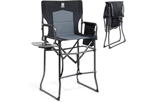 EVER ADVANCED Portable 30.7" Seat Height Tall Folding Camping Chair Directors Chair High Foldable Bar Stool with Side Table for Makeup Artist, Sports Event, Craft Show, Supports 350LBS Black Grey