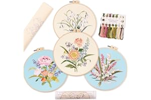 REEWISLY 4pc of Embroidery Kits with Patterns and Instructions, DIY Adult Beginner Cross Stitch Kits, Including 2 Plastic Embroidery Rings, 1 Pair of Scissors, Colored Threads and Needles