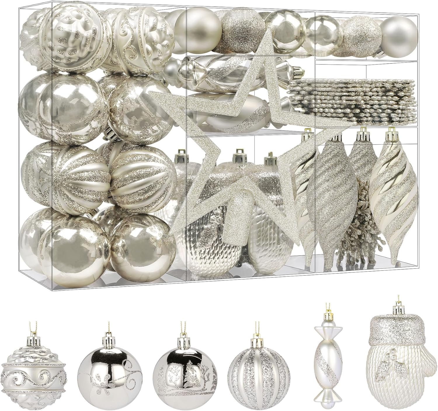 Ornaments - Alupssuc 80Pcs Christmas Balls Ornaments Set, Christmas Tree Decorations, Shatterproof Plastic Christmas Hanging Balls with Hooks for X-mas Party Wedding Holiday, Champagne Gold