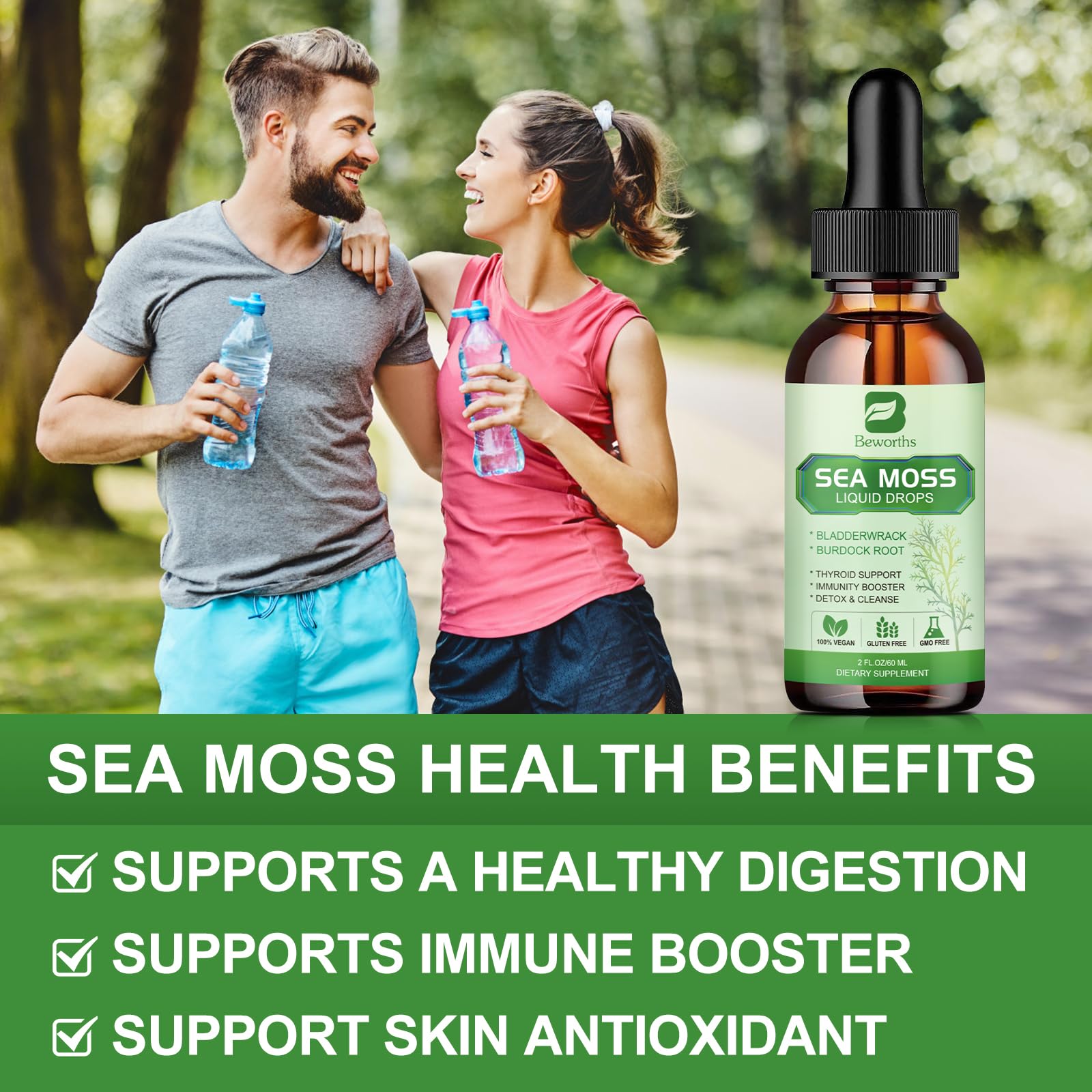 B BEWORTHS Sea Moss Liquid Drops - Organic Irish Sea Moss Gel with Spirulina, Bladderwrack, Burdock Root, Seamoss Gel Supplement for Joint, Detox Cleanse & Digestion Support - 2 Fl Oz, Vegan