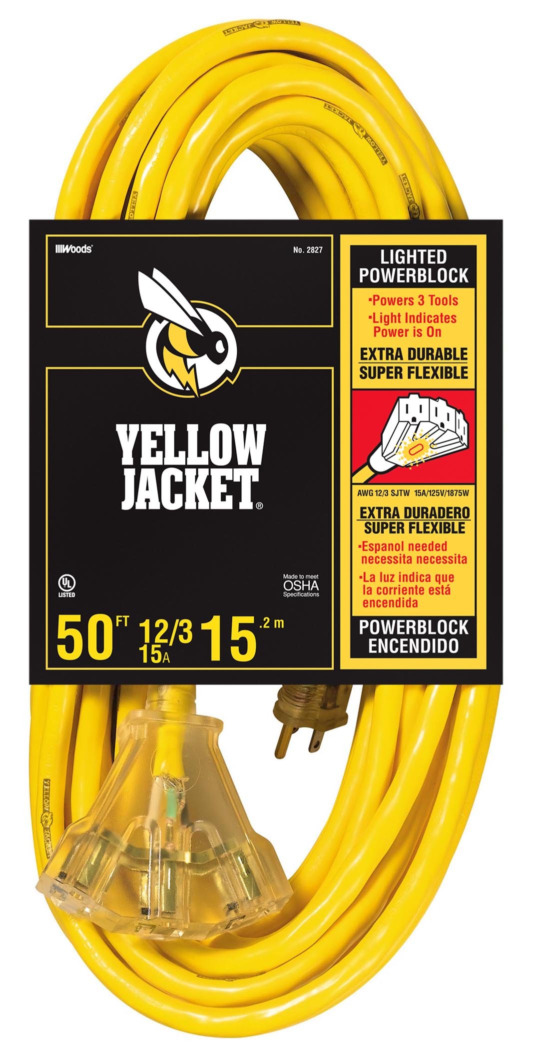 Yellow Jacket 2827 12/3 HeavyDuty 15Amp SJTW Contractor Extension