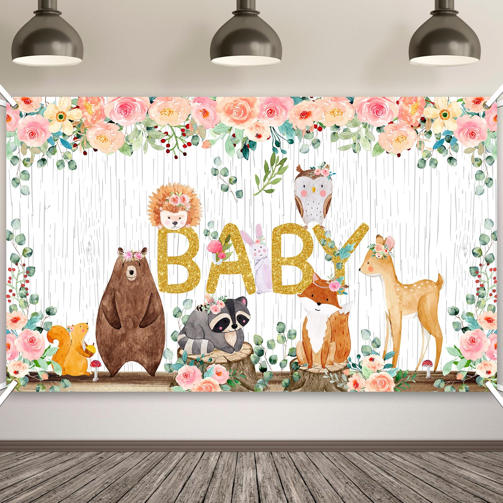 Woodland Baby Shower Backdrop Banner, Jungle Animal Birthday Party Decorations Birthday Decorations Woodland Creature Background for Baby Shower Decoration, 6 x 3.6 ft(Girl Style)