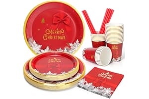 UVTQSSP 125 PCS Christmas Paper Plates and Cups Party Supplies, Red Bow Merry Christmas Party Paper Plates and Cups, Disposable Tableware Set, Serve for 25 Guests