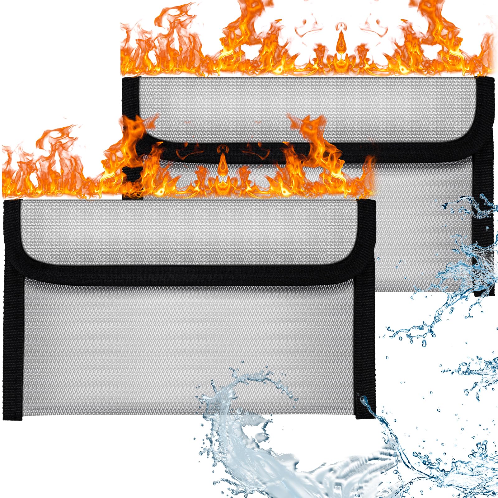 OFFCUP Fireproof Document Bag, 2pcs 8x4.6 Inches Money Fireproof Bag, Solid Silicone Coated Waterproof and Fireproof Safe Storage Bag with Zipper for Cash, File, Passport, Valuables Box (Grey)