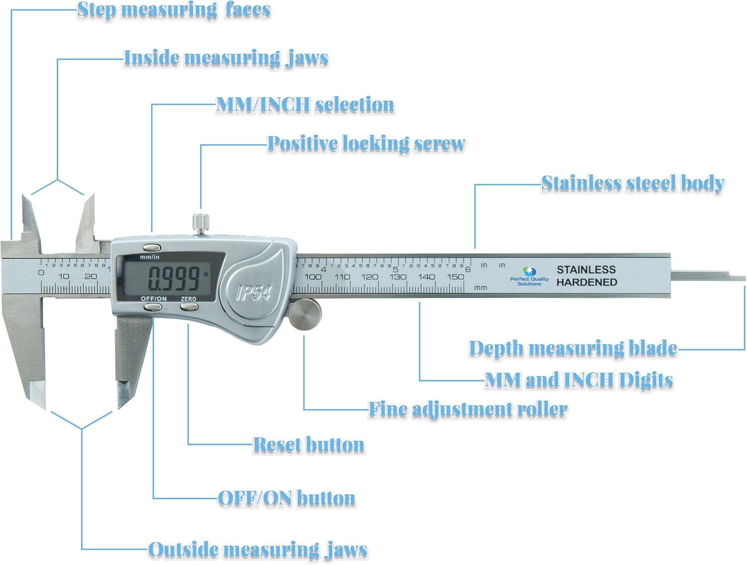 Digital Vernier Caliper IP54 Made of Hardened Stainless Steel by PQS