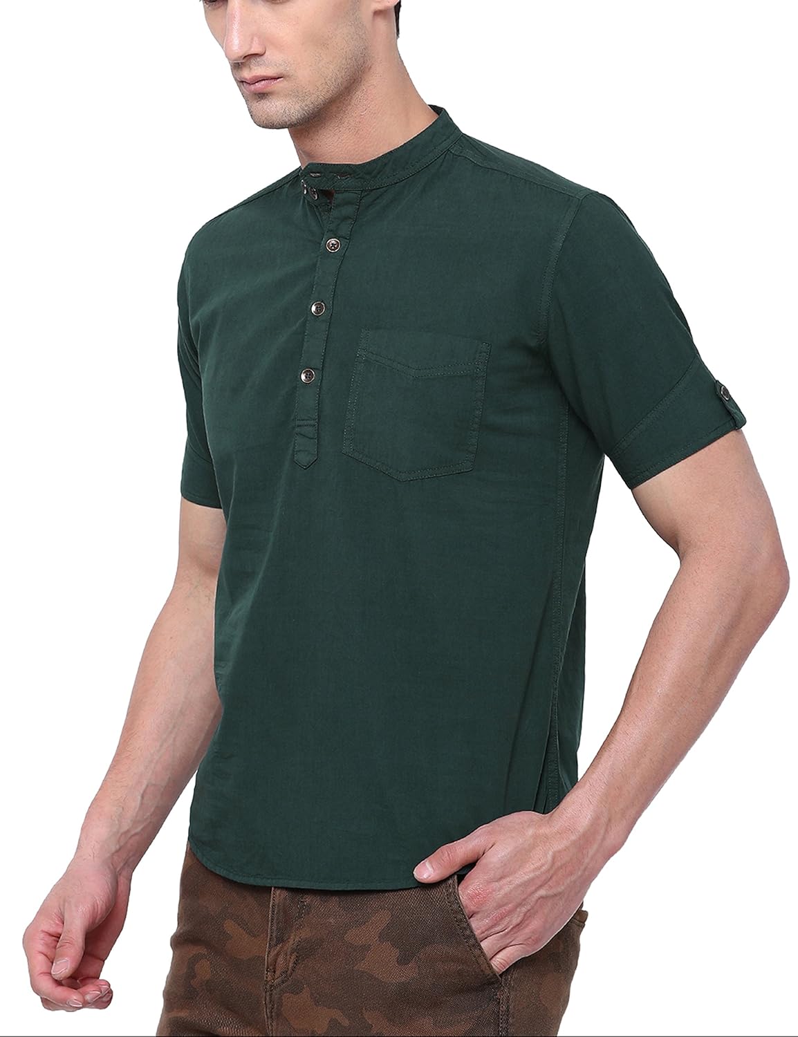 svanik dark green solid garment dyed cotton casual short kurta.