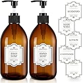 Homepicker 16 oz Amber Glass Soap Dispenser with Pump, Glass Pump Bottle for Lotion Body Oil, 500ml Hand and Dish Soap Dispensers Set with Storage Caps, Labels - 2 Pack