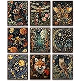 Morris Wall Paintings poster Set of 9, Vintage Rabbit Fox Starry Sky Bee Butterfly Dragonfly Poster Prints, Botanical Nature Floral Canvas Wall Decor Paintings for Living Room Bedroom Bathroom 10x8 In