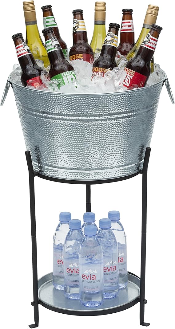 Ice Bucket with Stand and Tray. Galvanized Party Tub is Perfect for