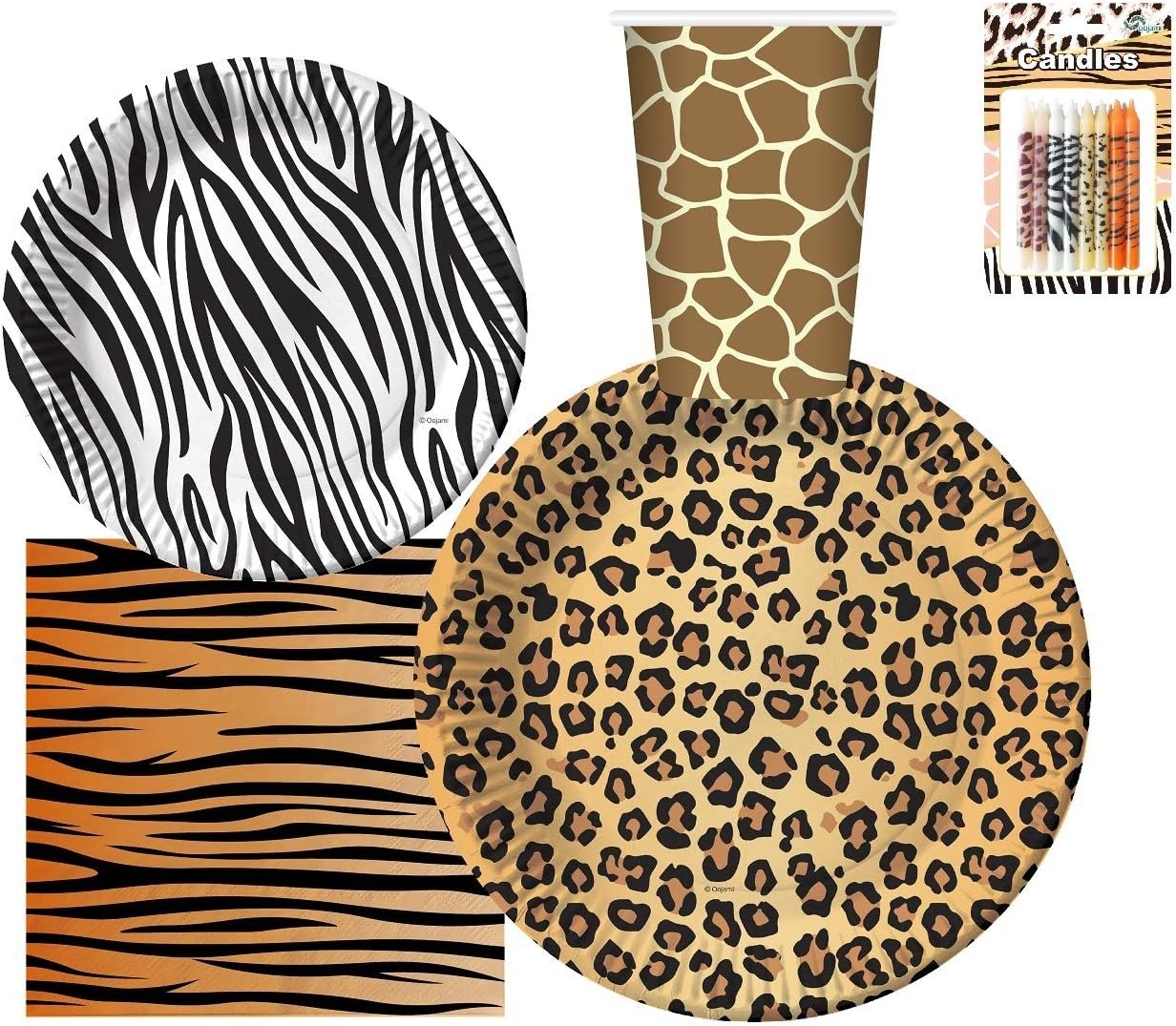 Serves 30 | Complete Party Pack | Jungle Safari Zoo Animal Print Party Supplies | 9" Dinner Paper Plates | 7" Dessert Paper Plates | 12 oz Cups | 3 Ply Napkins | 24 Candles | Zoo Animal Print Jungle Safari Themed Party Supplies