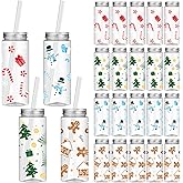 24 Pcs Christmas Reusable Cups Bulk with Lids and Straws 14.2 Oz Plastic Mason Jar Drinking Holiday Cups Christmas Plastic Tumbler Coffee Tea Hot Cocoa Beverage Xmas Tumbler for Adults Xmas Party