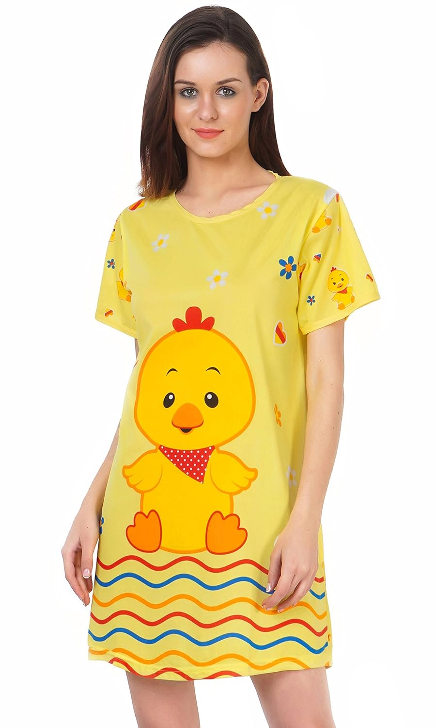 fflirtygo long t-shirts dress for women, yellow nightwear with duck print,soft cotton for women by