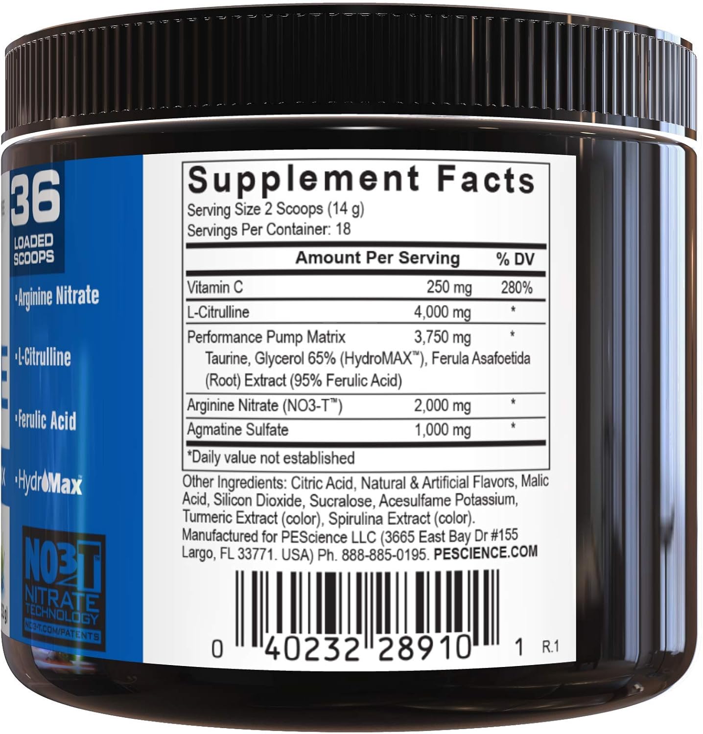 PEScience High Volume Nitric Oxide Booster Pre Workout Powder with L Arginine Nitrate, Green Apple, 36 Scoops, Caffeine Free: Health & Personal Care