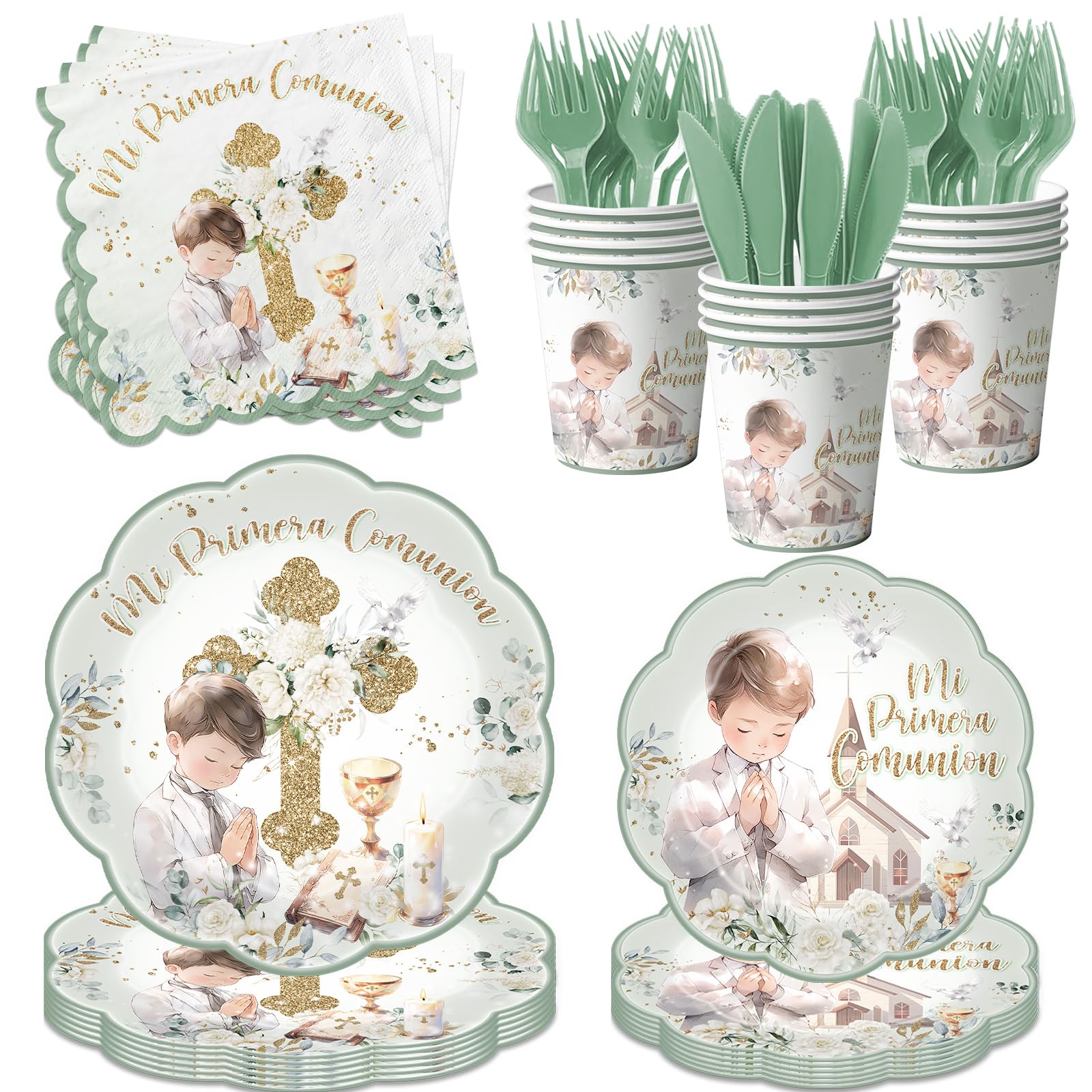 Photo 1 of 150Pcs First Communion Decorations for Boys Serve 25, Baptism Paper Plates and Napkins Sets with Cups Forks Mi Primera Comunion Decoracion God Bless Baptism Decorations for Christening Confirmation