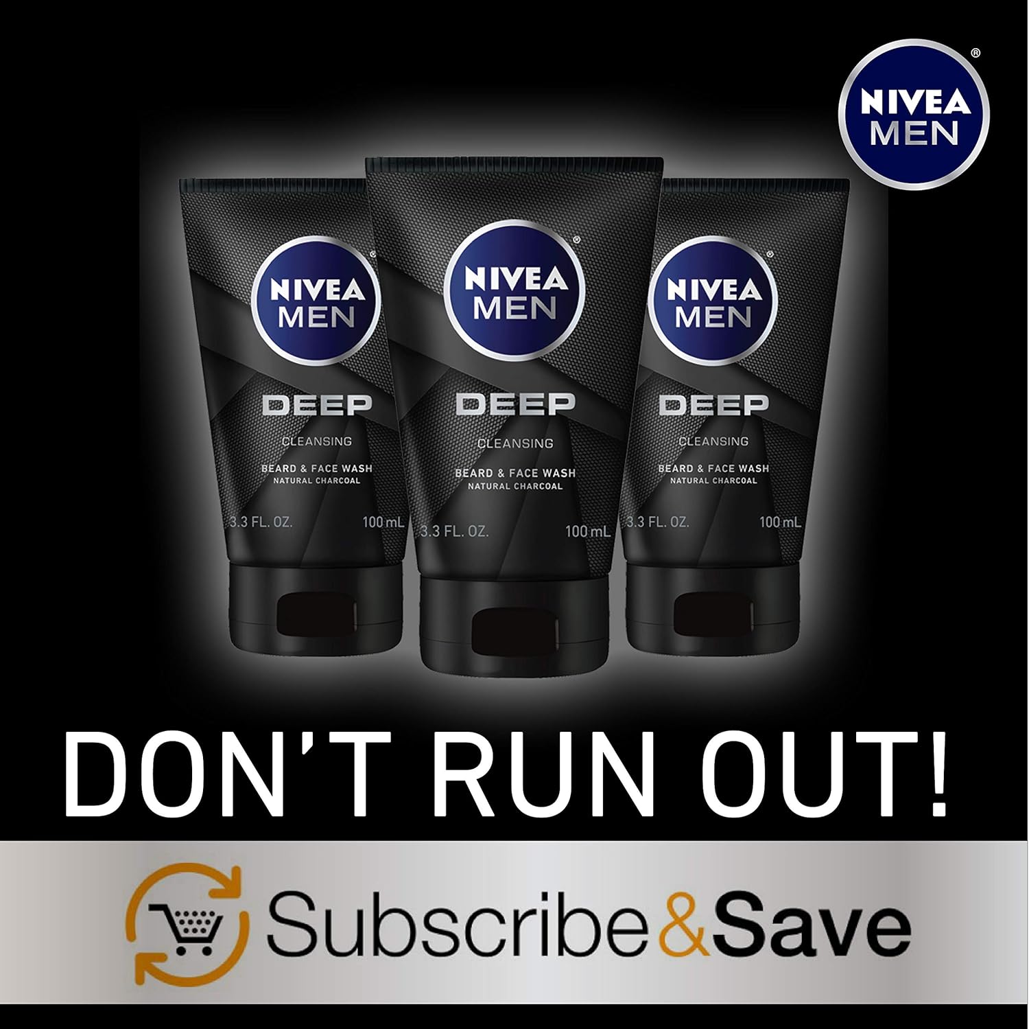 NIVEA Men DEEP Cleansing Beard & Face Wash - With Natural Charcoal to Deeply Clean - 3.3 fl. oz. Tube (Pack of 3): Beauty
