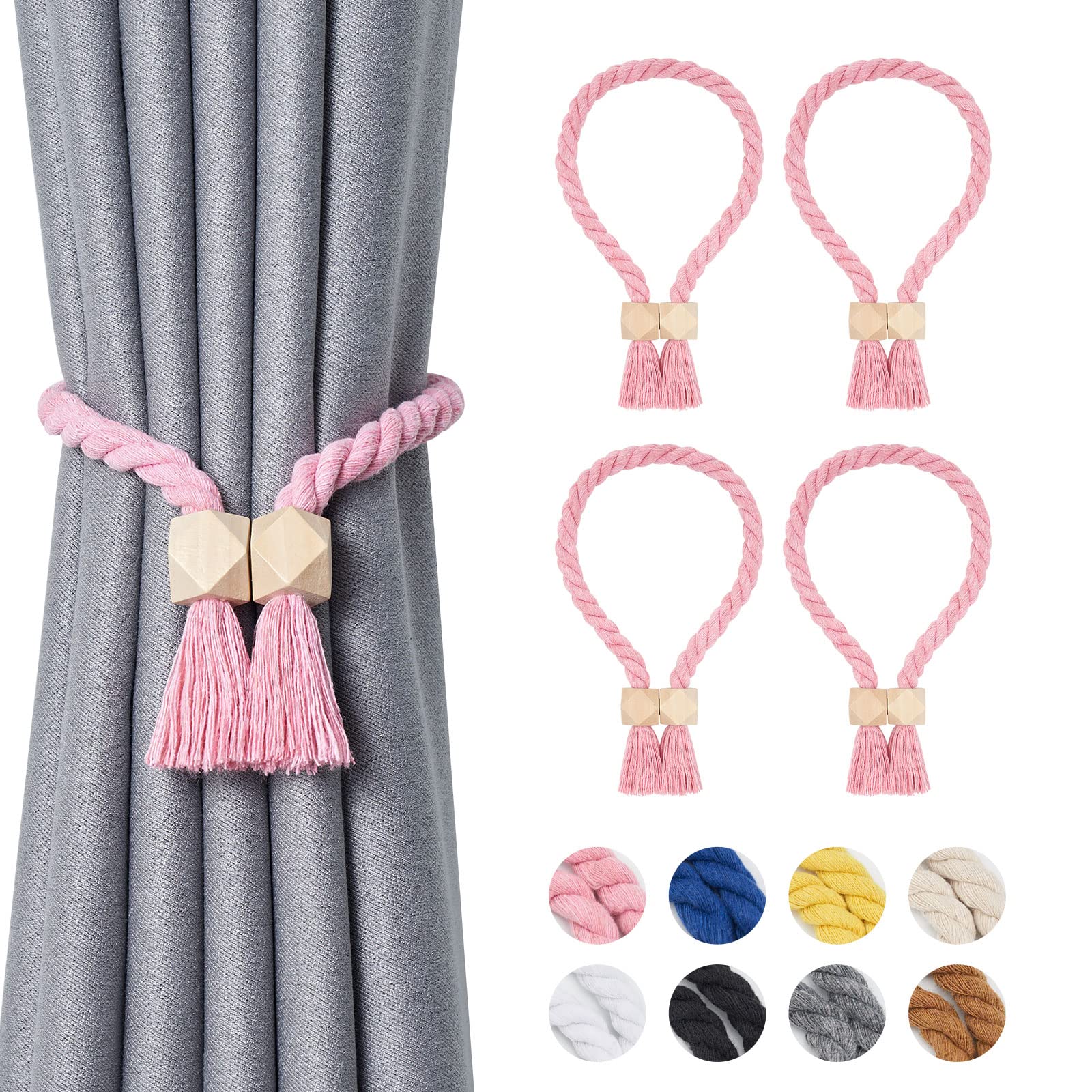 Pretty Jolly 4 Pack Wooden Polyhedron Magnetic Curtain Tiebacks Boho Home Decor Drape Tie Backs Natural Cotton Hand Woven Rope Curtain Holdbacks for Home & Office Window Draperies (Pink)