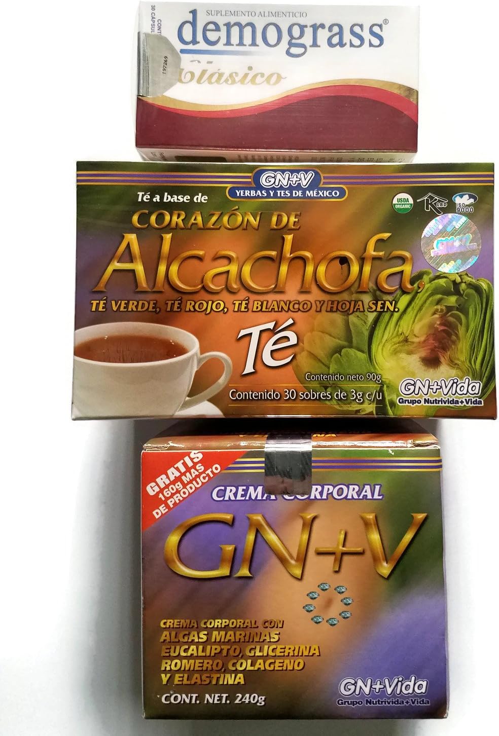 Te de Alcachofa, Demograss Clasico y Crema GN Vida Set para bajar de Peso, Plus Free Sample of Sukunai Kiros