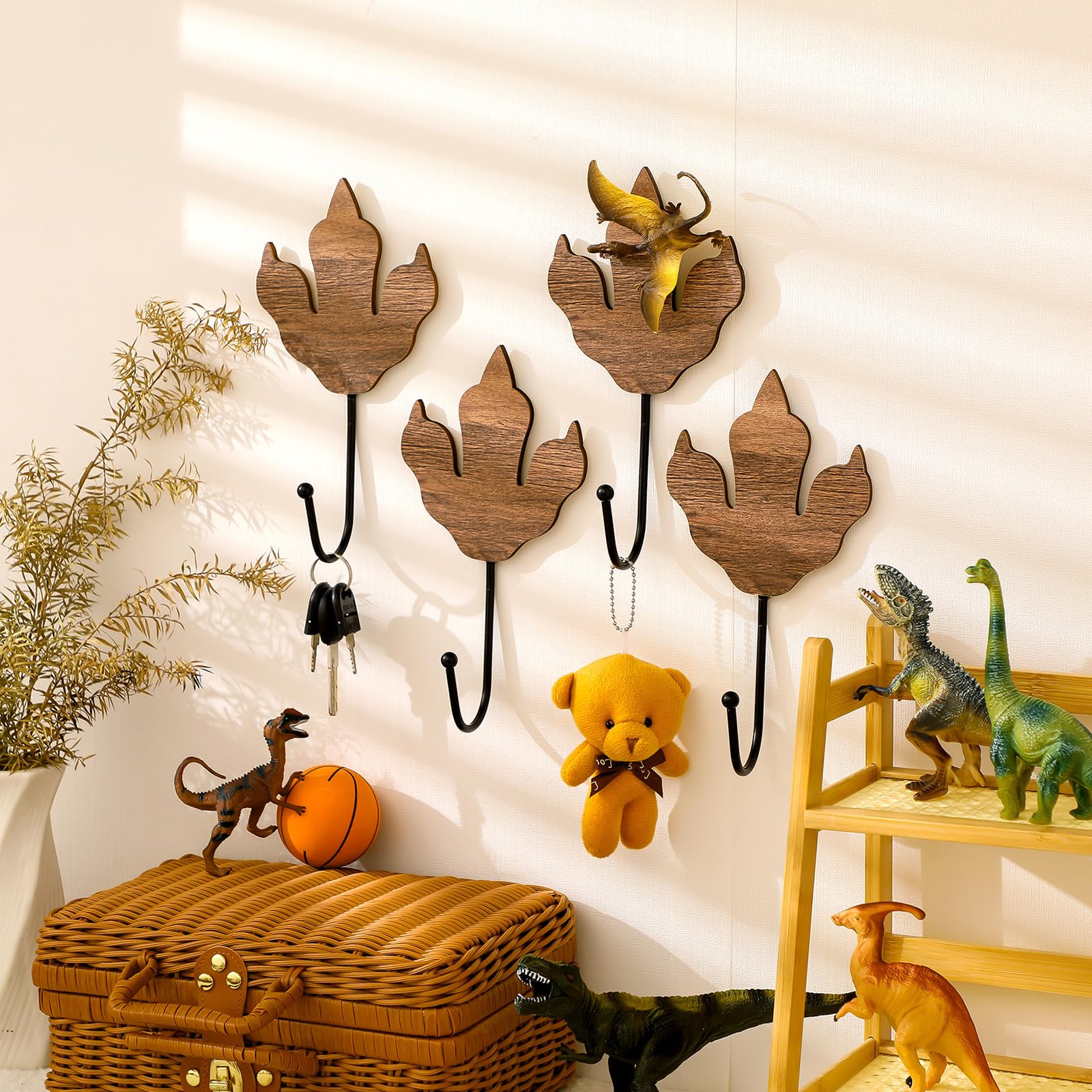 Photo 1 of Leinuosen 4 Pcs Dinosaur Decor Wall Hooks Wooden Dinosaur Themed Towel Coat Hooks Wall Mounted Dino Shelf Decorations for Bedroom Room Home