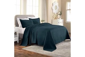 SUPERIOR 100% Cotton Basket Weave Bedspread with Shams, All-Season Premium Cotton Matelasse Jacquard Bedding, Quilted-Look Geometric Basket, Full, Deep Sea