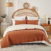 softpage Burnt Orange Quilt King Size， Cotton Linen King Quilt Bed Spreads，3-Pieces King Size Quilt Bedding Set with Cream Stripe Coverlet Lightweight Bedding Comforters with 2 Pillow Shams