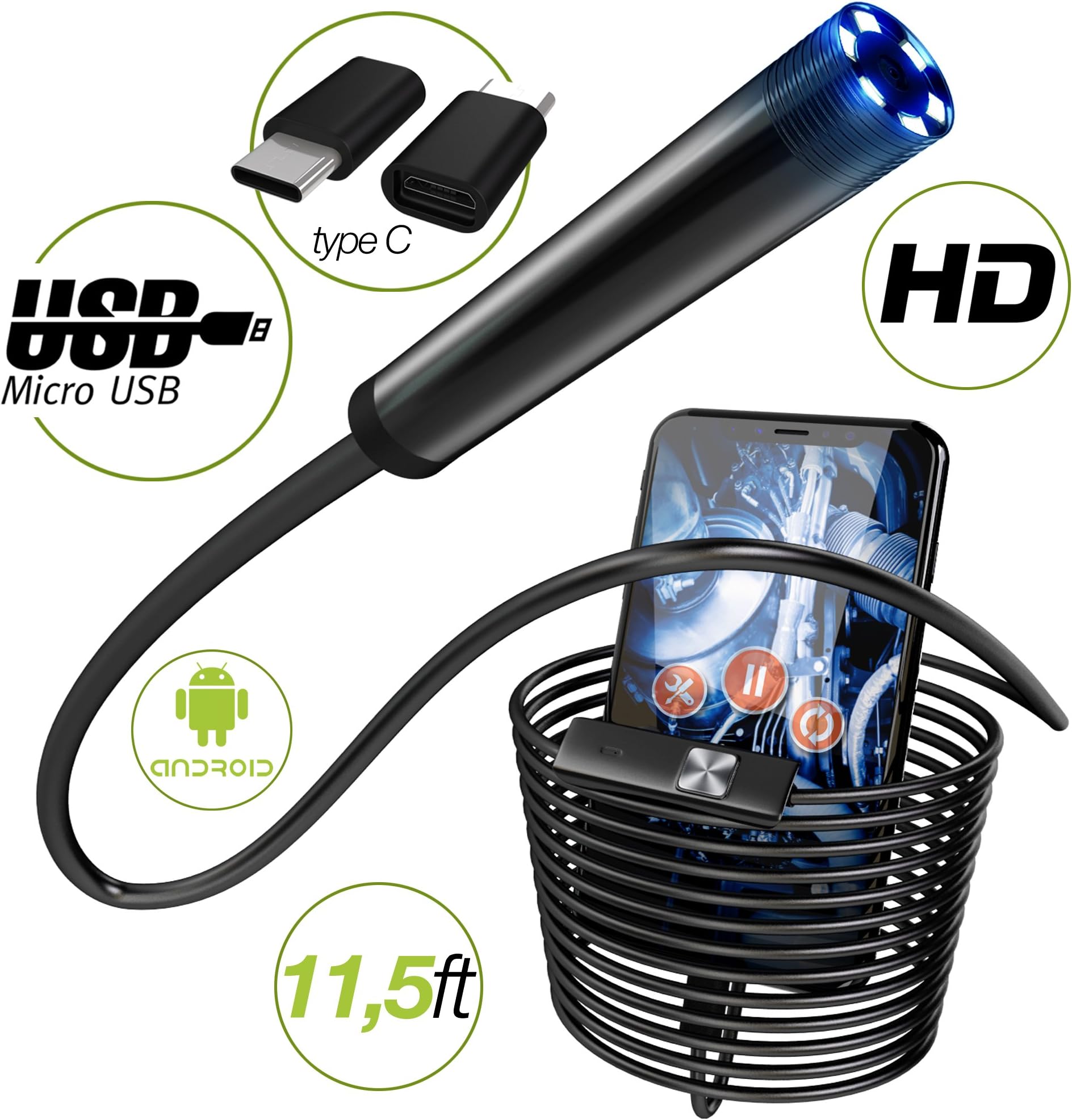 Endoscope - Borescope - Endoscope Android- USB Endoscope Borescope - micro USB - USB C Inspection Camera - Waterproof LED Automotive Vehicle Bore Drain Digital HD Semi-rigid OTG Android with Case