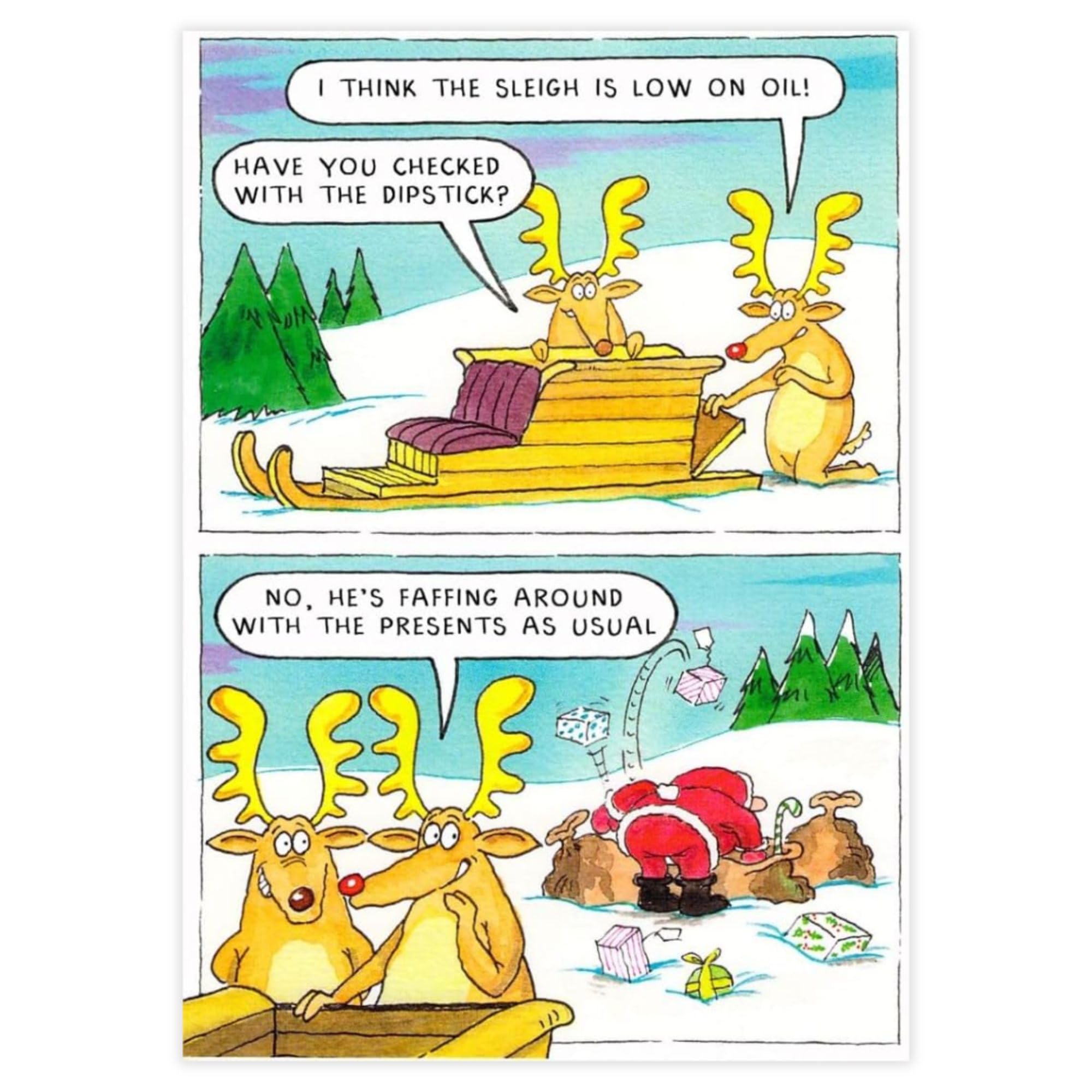 Paperlink Humorous Christmas Card (PLK4227) - 'Have You Checked With The Dipstick' - Amusing Cheeky Joke Santa & Reindeer Design - Premium Christmas Greeting Card with Envelope - Santa & Co Range