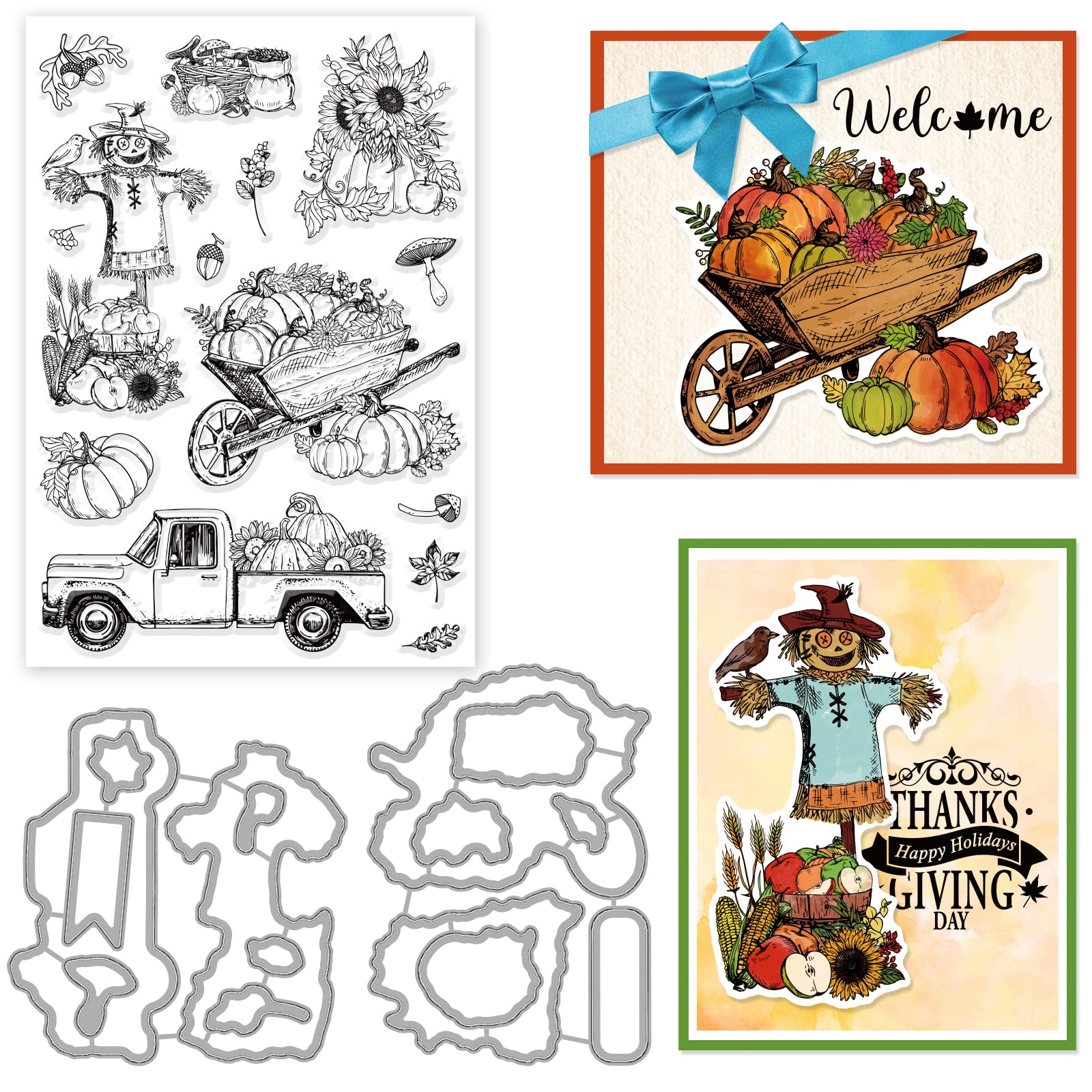 ORIGACH Autumn Harvest Clear Stamps and Dies Set for Card Making, Scarecrow Grain Stamps Cutting Dies for DIY Scrapbooking Craft Thanksgiving Greeting Card Decor