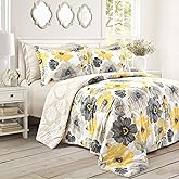 Lush Decor Leah Reversible Comforter Set, 6 Piece Set, Full/Queen, Yellow & Gray- Watercolor Botanical Comforter Queen Size-Farmhouse Florals Bedding Decor