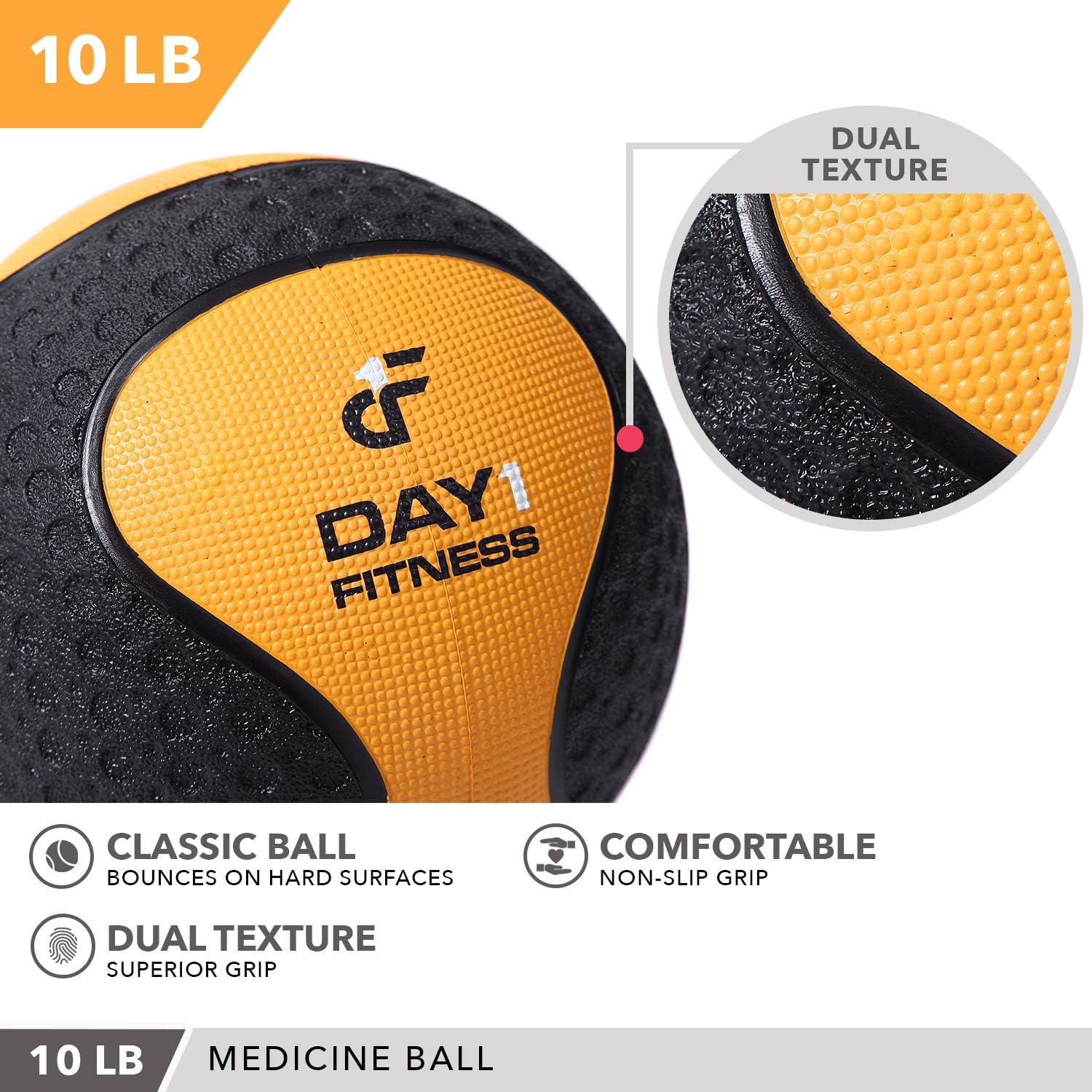 Medicine Exercise Ball with Dual Texture for Superior Grip by Day 1 Fitness - 10 Pounds - Fitness Balls for Plyometrics, Workouts - Improves Balance, Flexibility, Coordination : Sports & Outdoors