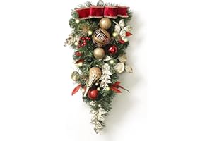 Valery Madelyn Pre-Lit Christmas Teardrop Swag for Decorating Outdoor, 24 Inch Mailbox Swag Decoration with 20 LED Lights, Red Gold Ball Ornament for Front Door Stairway Window Shelf Xmas Home Decor