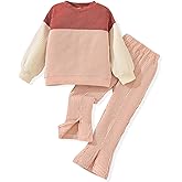 HINTINA Toddler Girl Long Sleeve Outfits Color Block Top Slit Pant Set