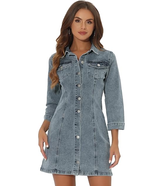 Allegra K Women
s Shirt 3/4 Sleeve Dress