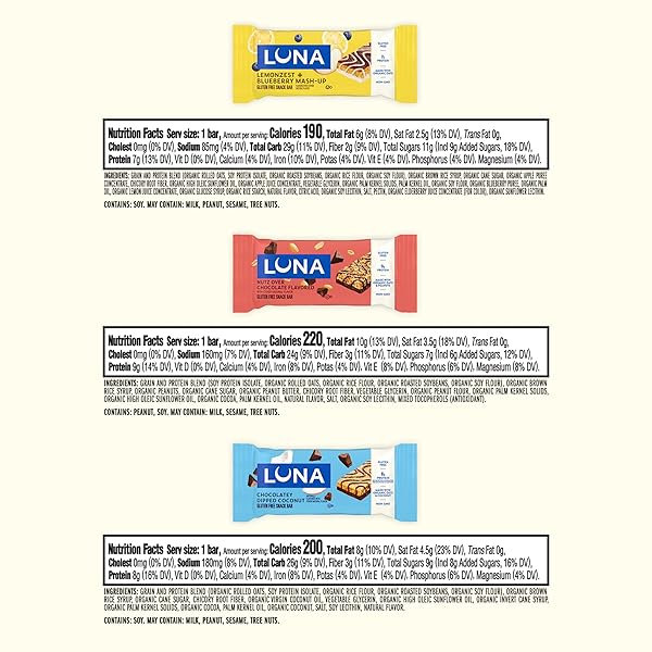 LUNA BAR – VARIETY PACK – 6 FLAVORS – GLUTEN FREE SNACK BARS – NON-GMO – PROTEIN BARS – MADE WITH ORGANIC OATS (12 PACK)