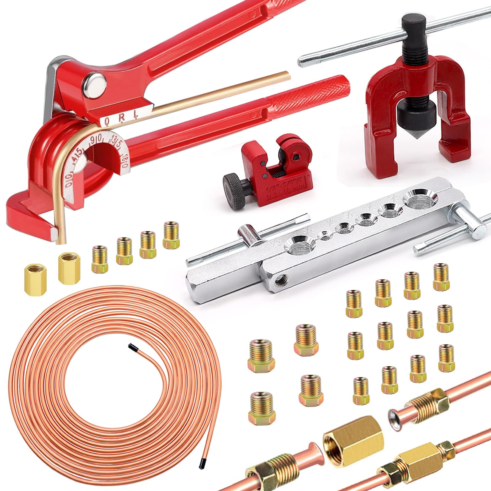 Photo 1 of smseace 26Pack 1/4 Inch Brake line kit Includes 25FT Copper-Plated Brake Lines with Fittings(16pcs Fittings,2pcs Union+4pcs Nut)?Brake line Bender?Single Flaring Tool?Pipe Cutter 1/4 Inch Brake Lines