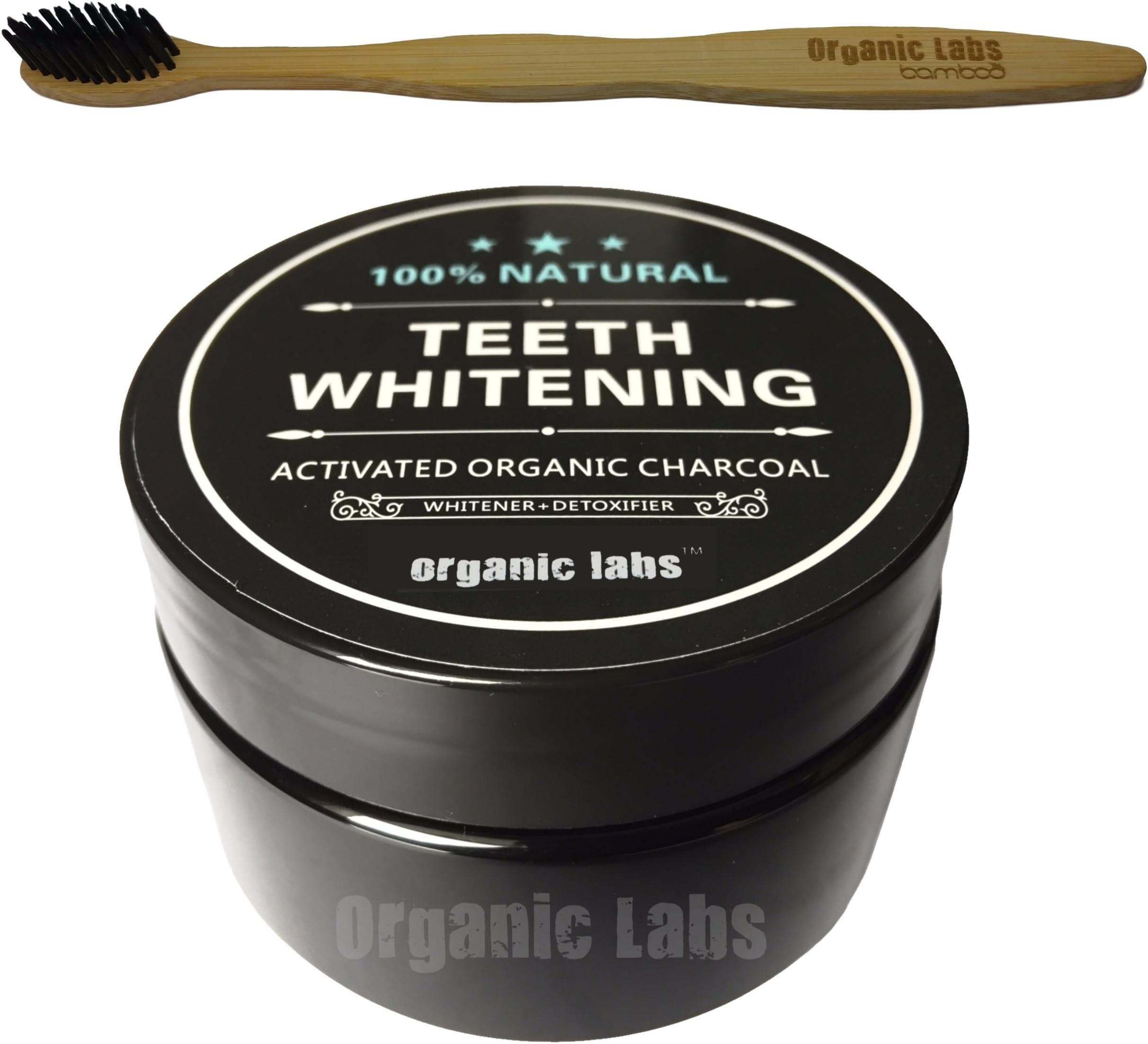 Organic Labs Natural Teeth Whitening Charcoal Powder + 1 Bamboo Toothbrush - Whitens Teeth, Improves Gum Health, Freshens Breath. Food grade.