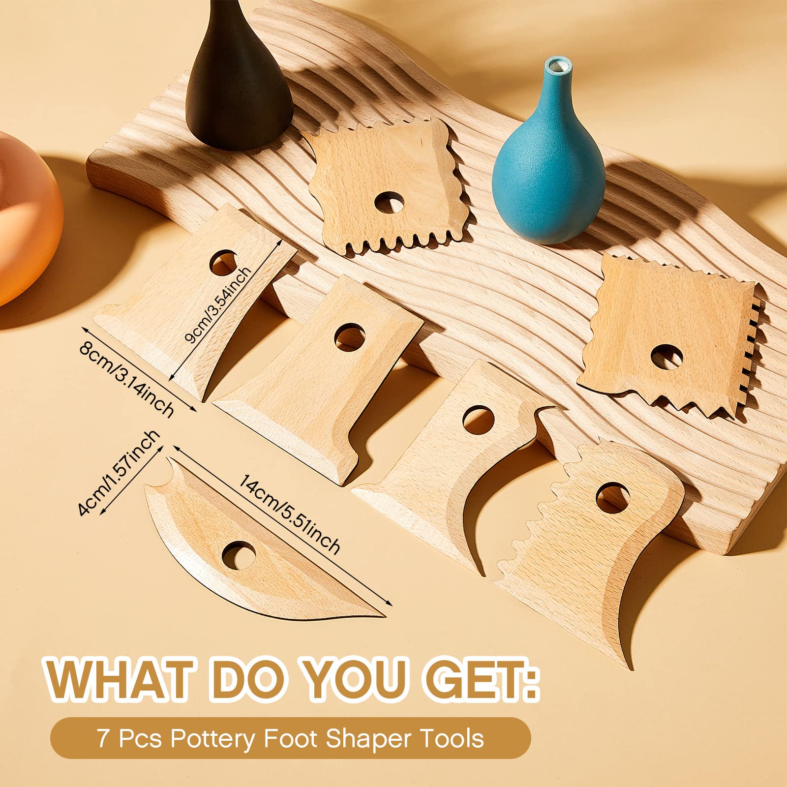 Amylove 7 Pcs Pottery Tools Pottery Foot Shaper Trimming Tools Profile Rib Bundle Foot Shaper for Ceramics for Carving Clay Molds Clay Texture Ribs Ceramics, Beech Wood, Stylish Style