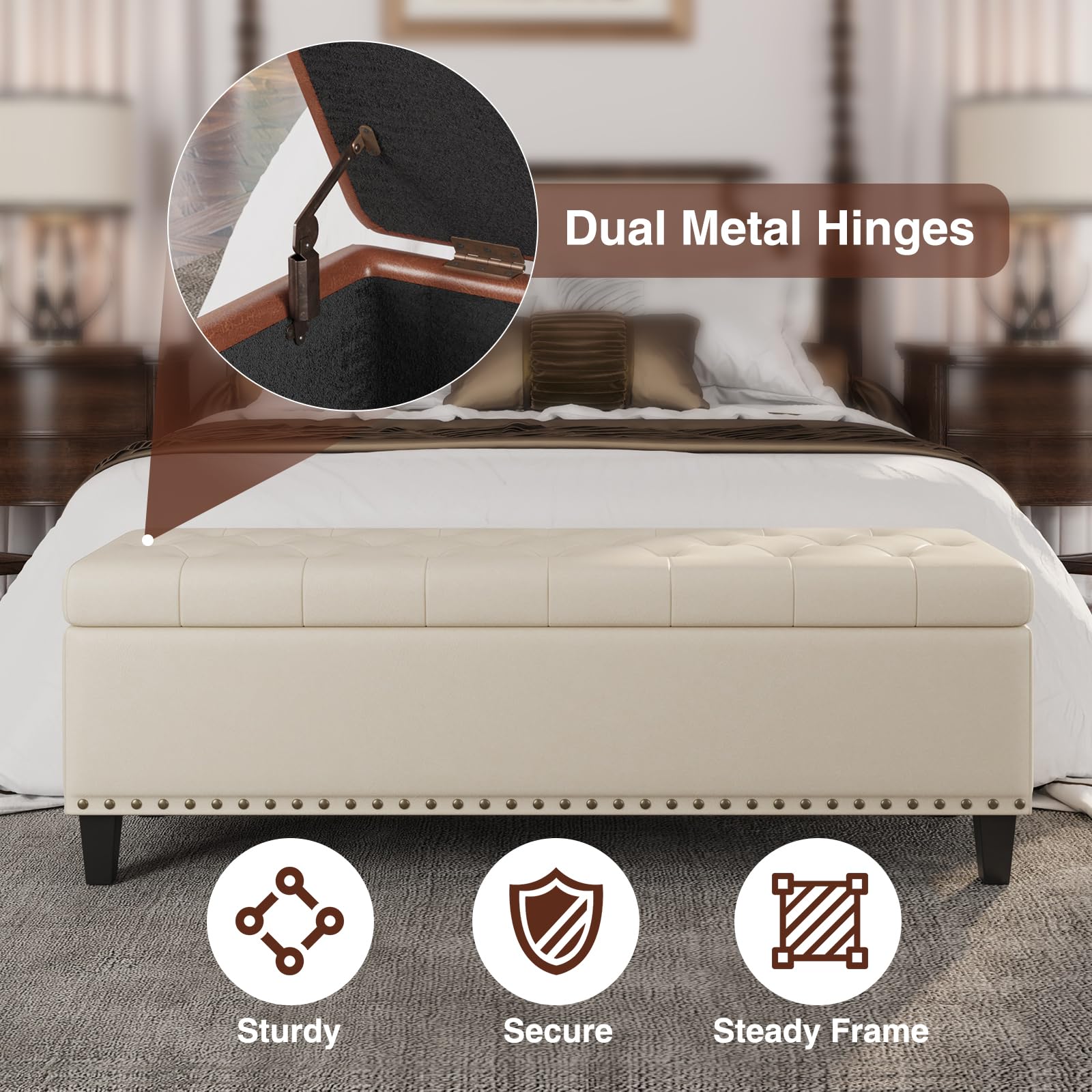 FiveWillowise Storage Ottoman Bench, 51-Inch Large Storage Bench for Bedroom End of Bed, 30 Gallons Faux Leather Bench with Storage for Bedroom, Living Room, Entryway, Hallway, Cream White - Image 7