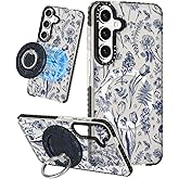Lotadilo Cute Case for Samsung Galaxy S25 for Women Girls - Funny Blue Line Flower Design Compatible with Magsafe Magnetic Ring Holder Kickstand Fashion TPU Phone Covers