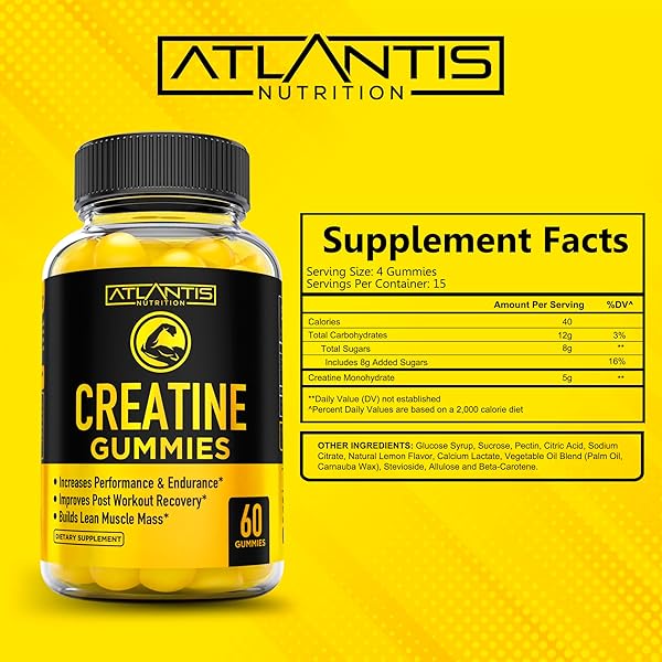ATLANTIS NUTRITION CREATINE MONOHYDRATE GUMMIES FOR STRENGTH & ATHLETIC PERFORMANCE – 5G CREATINE PER SERVING – BUILD MUSCLE, BOOST PERFORMANCE & ENDURANCE & IMPROVE POST WORKOUT RECOVERY – 120 COUNT