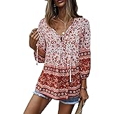 KAYWIDE Women's Casual Boho V Neck Top Loose Floral Printed Long Sleeve Beach Shirts Blouses