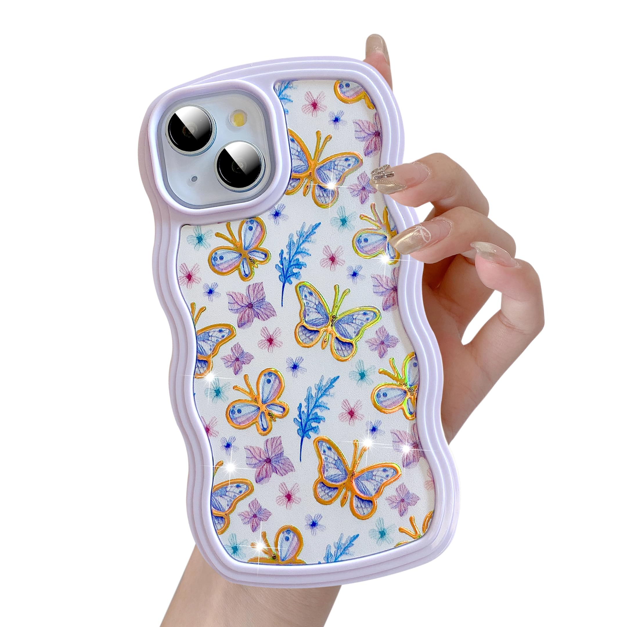 UEEBAI for iPhone 15 Case, Floral Wave Frame Cute Curly Anti-slip Flower Case with Aesthetic Pattern, TPU Slim Bumper Shockproof Protective Cover for Women Girls - Purple Butterfly