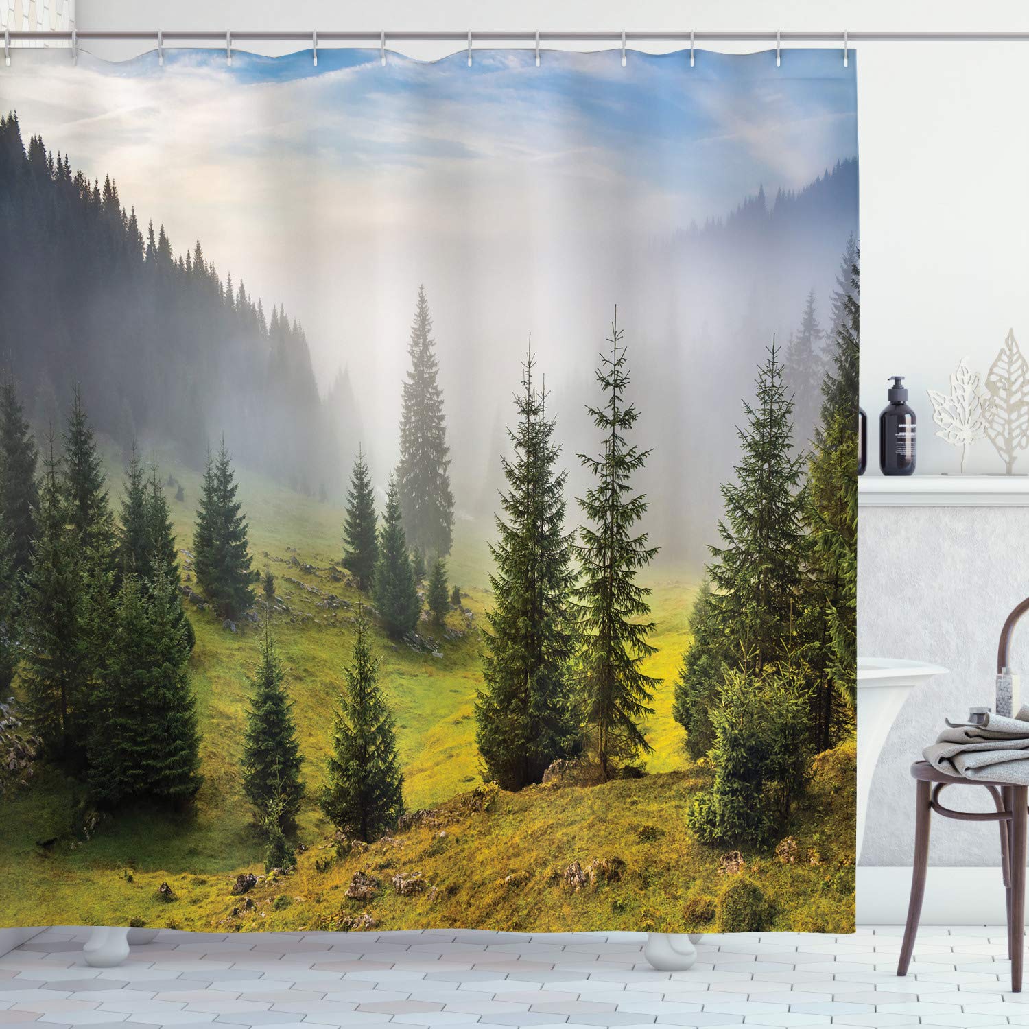 ABAKUHAUS Forest Shower Curtain, Fir Trees on Meadow Between Hillsides Conifer Woodland in Fog Before Sunrise, Cloth Fabric Bathroom Decor Set with Hooks, 70 Inches, White Green