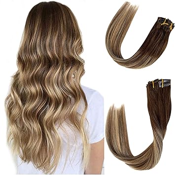 Amazon Com Remy Clip In Human Hair Extensions Brown Roots To