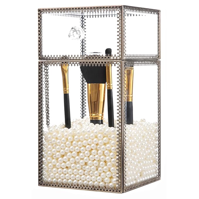 PuTwo Makeup Organizer Pinceles de Maquillaje de Vidrio Premium Vintage con Perlas Blancas - Grande