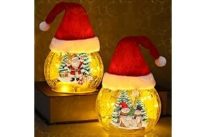 Yinhua Christmas Decorations Indoor, 2 PCS 4" Light Up Christmas Tree Crackle Glass Balls, Lighted Deer Santa Snowman Globe Light with Timer, Xmas Centerpieces for Tables Mantel Fireplace Gift