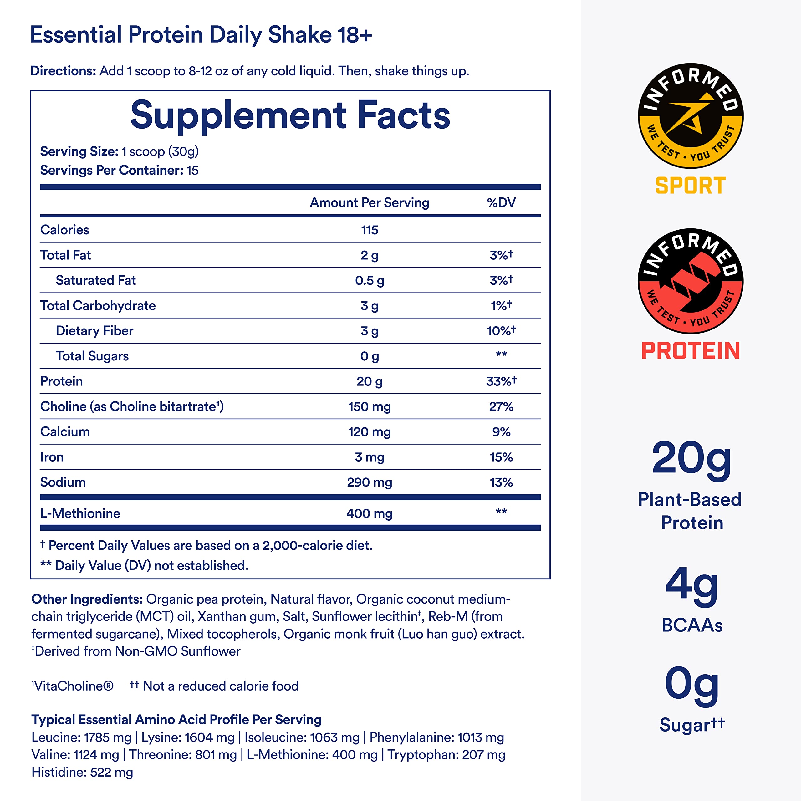 Ritual 18+ Vegan Protein Powder with BCAA: 20g Organic Pea Protein from Regenerative Farms in USA, Gluten Free, Plant Based, Sugar Free, Dairy Free, Hand-Crafted Vanilla, 1Lbs